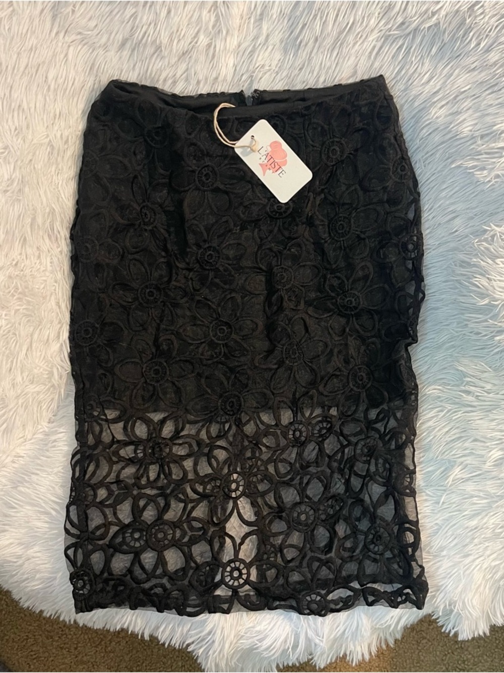 Knee length embroidered slit black Formal skirt